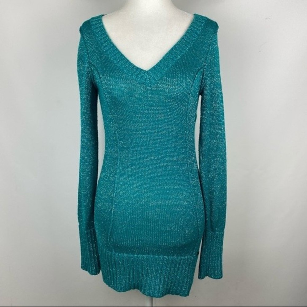 Guess Womens Sweater Size M Sparkle Green Pullover V-Neck Long Casual Sweater